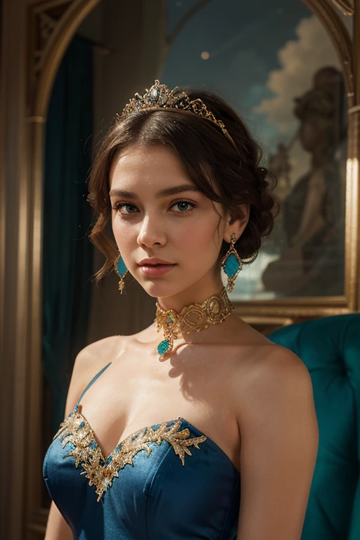 1 woman, inside a ballroom, wearing an elegant dark blue evening dress, nice breasts, dark blue dress, detailed facial features, feminine blue-gray eyes, detailed white skin, freckles on her face, small elf ears, very long golden brown hair, image showing full body, dramatic lighting, cinematic composition, cool palette, dark colors, atmospheric haze, strong body, thin chin, adult woman, (best quality, 4K, 8K, high-res, art: 1.2), ultra-detailed, (realistic, photorealistic, photorealistic: 1.37)