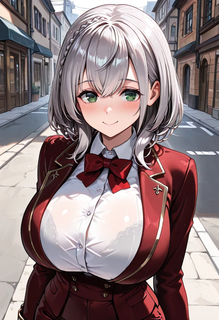 ((highest quality)), ((masterpiece)), (Very detailed), (Very high resolution), ((Realistic)), 8k, Perfect Line Drawing, Beautiful line art,
Anime 2D Rendering, (The best CG), Ultra-detailed art,
One Girl:1.5,
Symmetrical facial features:1.4, Perfect Face, Beautiful clavicle, Beautiful fingers, Beautiful breasts, (Slightly smaller chest),
Beautiful body, Beautiful thighs, Beautiful feet, Perfect round butt, (Detailed skin), (Shiny skin:1.2, Beautiful white skin:1.4),
BREAK Baby Face, cute, 18-year-old,
Double eyelids, Natural eyebrows,
(Expression of fine eyes, Beautiful and delicate eyes, twinkle in the eyes, blue eyes),
Glossy mouth,
Beautiful Hair, Shiny Hair, Hair fluttering, (Silver Hair, (Double buns on both sides)),
BREAK
((White shirt with collar, Plain red blazer), Plain white pleated skirt, Blue checkered tie)、((Black Pantyhose)、loafers)、
Earrings、
BREAK
(Enchanting、Embarrassed expression、Smiling face、Blushing、one eye closed), (Cowboy Shot), (Are standing、Turn your face towards me、Look up here、Top view)、Sunlight、garden