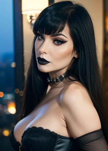 Beautiful erotic woman 20 years old, (perfect face:1.4), see through nightgown, large tits, Black hair, bright blue eyes, ornate detailed billionaires luxury bedroom:1.6), sitting on bed, seductive erotic pose and (seductive smile:1.3), (perfect, realistic skin:1.4), (full body:1.5), (Nu-Goth:1.6), (hyperrealism:1.5), 8k