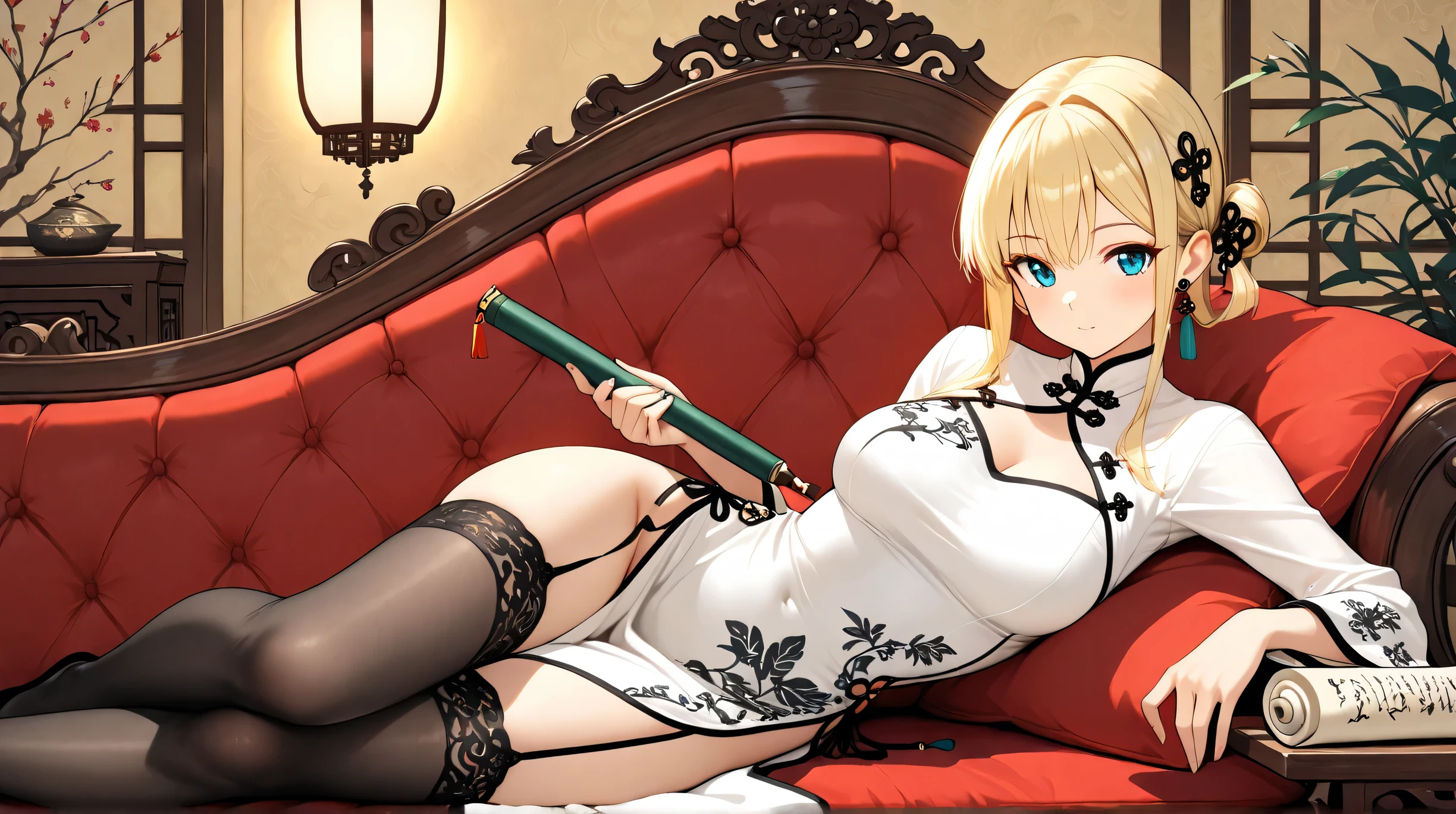 anatomically correct, best quality, masterpiece, high quality, high details, highres, HD, (shaded face:1.2), hollow eyes, blue eyes, looking at viewer, heavy breathing, smirk, upper teeth, aihayasakav4, blonde hair, side ponytail, scrunchie, 1girl, gloves, large_breasts, cleavage, long_hair, hair_over_one_eye, solo, white_legwear, looking_at_viewer, thighhighs, lantern, hair_ornament, bare_shoulders, blush, lamp, thighs, fishnets, japanese_clothes, sitting, white_gloves, boots