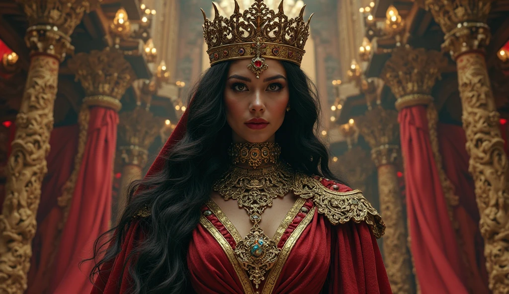 Design a captivating and dramatic YouTube thumbnail featuring Jezebel, the biblical queen, in a seductive yet menacing pose. She should be centrally positioned, holding the severed head of a prophet with a chilling, triumphant smirk. Dress her in opulent, richly adorned garments in deep reds, purples, and golds, with intricate patterns and a slightly revealing cut to enhance her seductive allure.
The background should feature several lifeless prophets without heads, arranged to underscore the scale of her cruelty and power. Use a dark, moody color palette with striking contrasts and seductive lighting effects to highlight Jezebel’s intense presence. Incorporate bold, eye-catching text for the video title, such as "Jezebel: The Seductive Queen of Bloodshed" or "Jezebel's Dark Reign," ensuring it stands out against the dramatic backdrop.
The overall design should blend a sense of danger with Jezebel’s seductive charm, compelling viewers to click on the video to uncover the dark allure of her story.