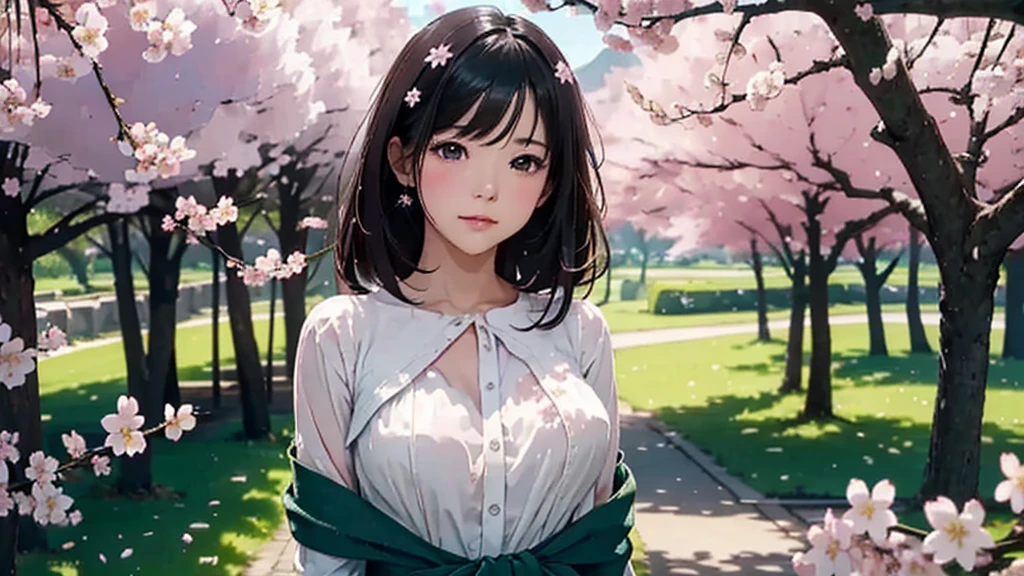 (((make the shadow darker, strong sunlight, lens flare, the most dark shadow))), ((high-definition images, atmospheric perspective, 8k, super detail, accurate, best quality, single shot)), a women, (round face, eyes realistic sizing, drooping eyes), ((orgasm face, focus in the mouth, sleepy)), her hand touches her breast, casual shirt, outside downtown area, sitting under the cherry blossoms on the grass in the park, picnic, drank, angle from below, bush, flowers, trees, buildings,
