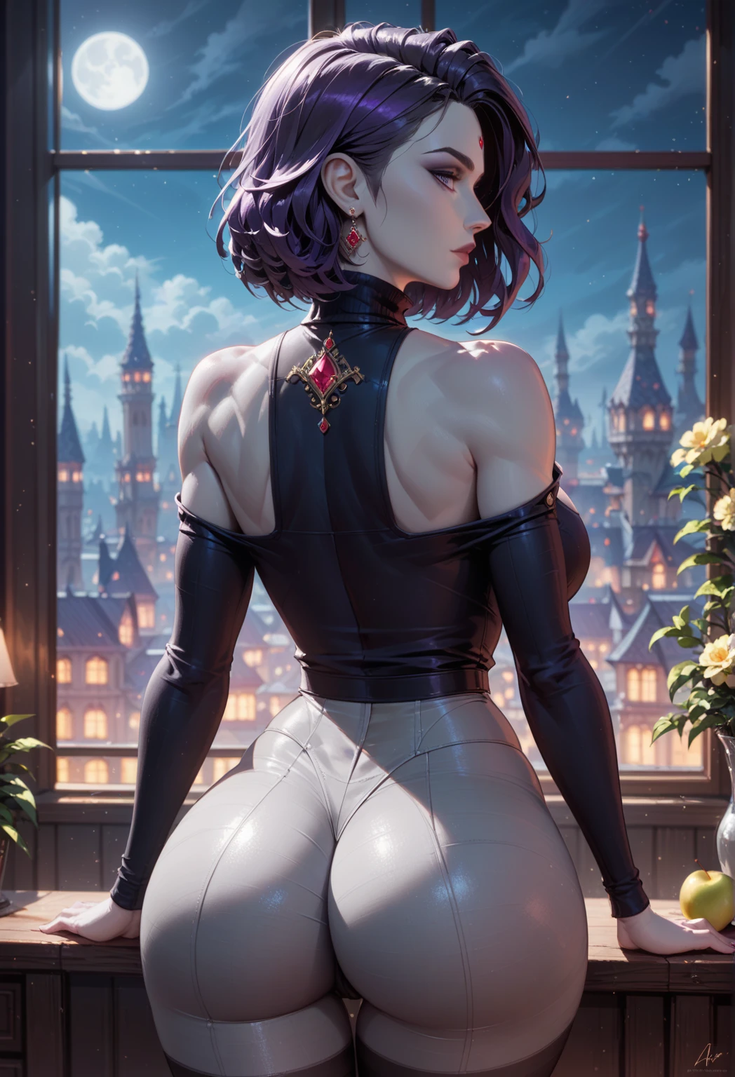 High-angle shot ((ass focus from behind)): Slutty nude Goth MILF arching her back to present her naked pussy and tight asshole, ((sexy makeup, slutty pink Goth outfit)), Intricate details, Highly detailed, intricate face details, curvy and fit physique, big hanging breasts with puffy pierced nipples, (Seductive smile), Black hair, straight fringe Cleopatra haircut, lewd, visible pussy, visible asshole