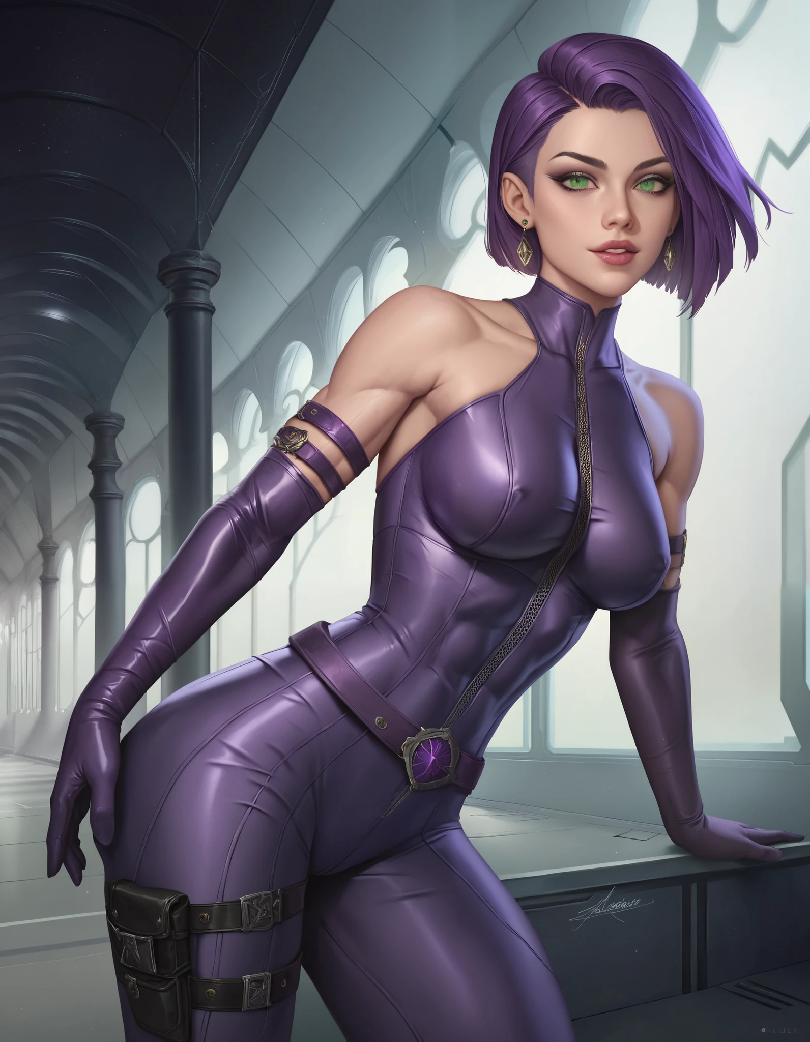 Image 16k,FHD, style [Anime|cartoon], [Woman|black clothing with white parts|maid| Batman| Spider-Man], short purple hair, (((green eyes)))), looking at the viewer, smile, holding futuristic weapons, futuristic city, heavy rain, wet body.