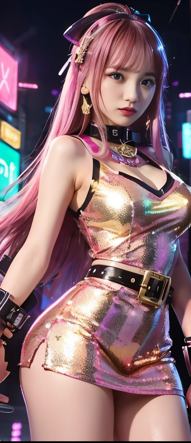 pure cyberpunk idol girl、A pure girl's face、 hypo、sequin checkered tight mini dress( pink and gold、Candy Belt、Glowing Candlesword、Glittering neon city at night