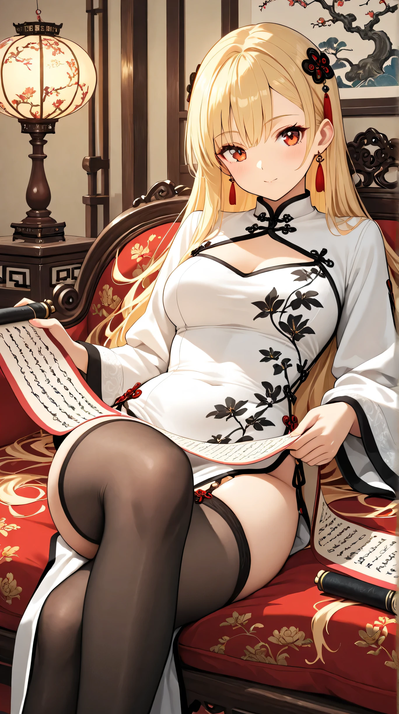 Mahiru shiina, , blonde, (Yellow Eyes:1.3)、Braided long hair,,blush,smile,Beautiful views, Attractive thighs、Beautiful bare legs, //Character
1girl,
BREAK
//Fashions 
Elegant Seduction,
For a more refined and sophisticated take on the China dress costume, opt for a sleek and elegant ensemble, Start with the heart-cut sexy cat lingerie China dress in a luxurious silk fabric for a touch of opulence, Layer a sheer black or lace kimono-style robe over the dress for added coverage and drama, 
BREAK
Pair it with delicate black heels or strappy sandals to elongate your legs and add a touch of glamour, Accessorize with statement earrings or a bold cuff bracelet for added sparkle, and finish the look with a sleek updo and dramatic cat-eye makeup for an irresistibly seductive allure,
BREAK、I can see your Pantastar piece.:1.2), highest quality, High resolution, unity 8k wallpaper, (shape:0.8), (Beautiful and beautiful eyes:1.6), Highly detailed face, Perfect lighting, Highly detailed CG, (Perfect hands, Perfect Anatomy),