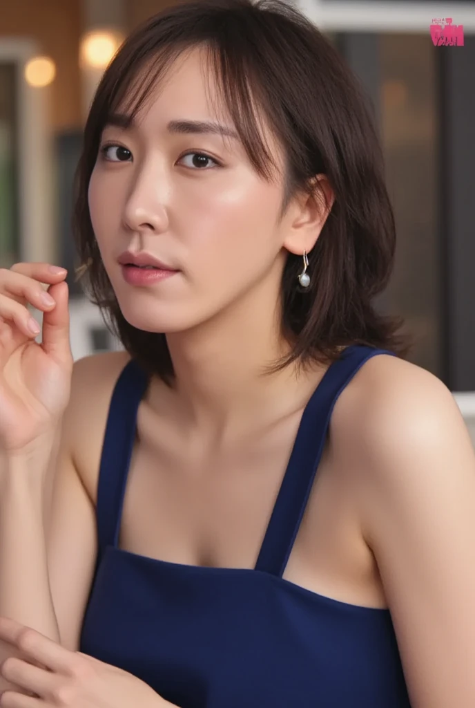 ((Best Quality, 8k, Masterpiece:1.3)), 40k, Perfect Body Beauty:1.4, cinematic lighting, curly hair, short hair, straight Bangs, wearing a light blue crewneck dress , 18 age , (sunny, street:1.2), (in front of cafe:1.2), Highly detailed face and skin texture, big eyes, Detailed eyes, Double eyelids, whitening skin, perfect face, mask,(huge breast, looking into the distance), (nighttime), smile, earrings, necklaces, coffee on table, (a women sitting in front of cafe),