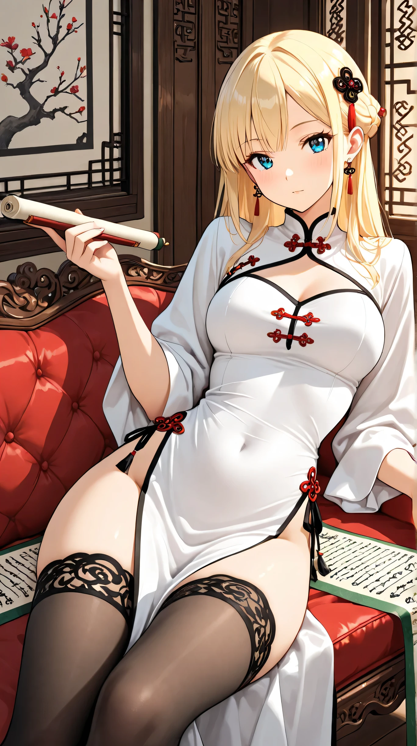 Masterpiece,Best quality,{{Large breasts}}, leg belt, Platinum blonde hair, ninjartist, hidden eyes, Green eyes,Bracelet,mature, mature, Obi, White Japanese_clothes,black kneehighs, single kneehigh,{{Mature female}}, Earrings,in a bad,Lying,((((Putting up with_face))),{{{Putting up with_face}}}, NSFW,, Animate,one breast out,(black kimono), a matural female,on top of the bed,(Side view) )hair over shoulders, braidedponytail , High ponytail,