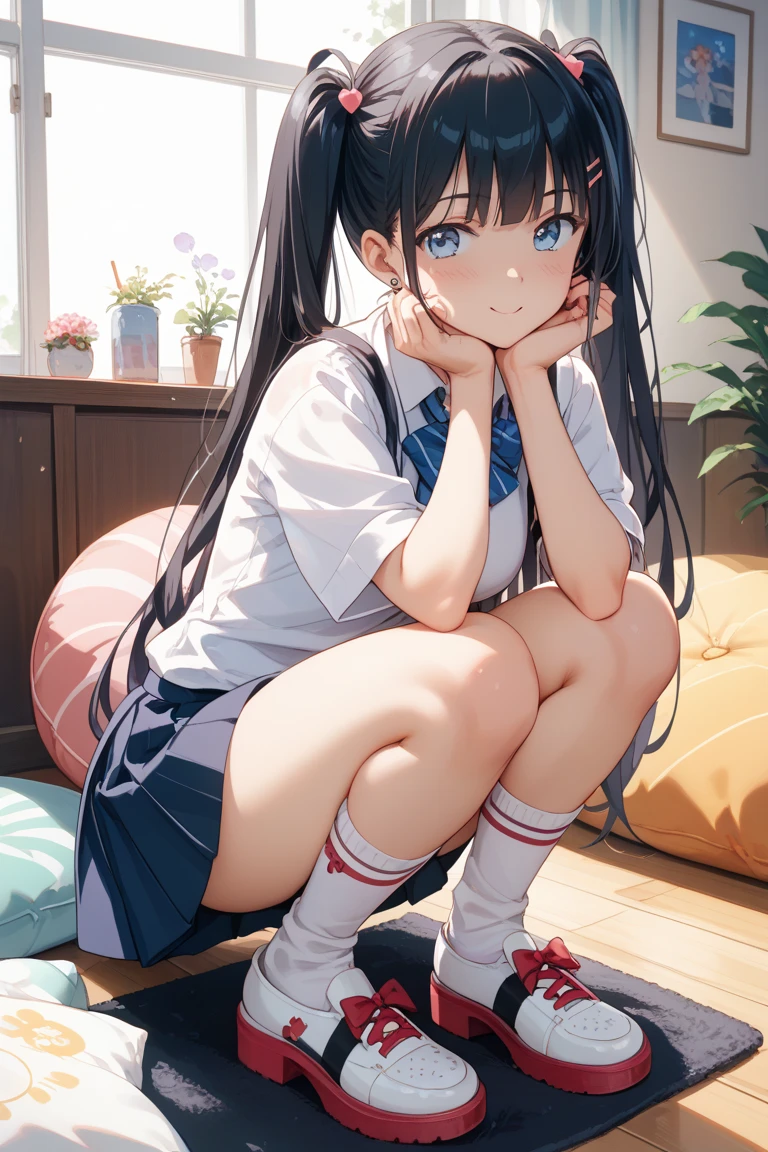 very cute and beautiful girl,(Very detailed美しい顔), (smile),blush,Black Hair,Seraphim,(White Hair、long hair),(White Shirt、Pleated navy blue pread your legs、Squat)、Sitting、(From below)、(Lace panties), Country road, (Highest quality,masterpiece:1.0),Absurd,High resolution,Super detailed,Very detailed,32K,8k resolution, Intricate details,Movie Scenes,Detailed Background,alone,Dynamic Angle,