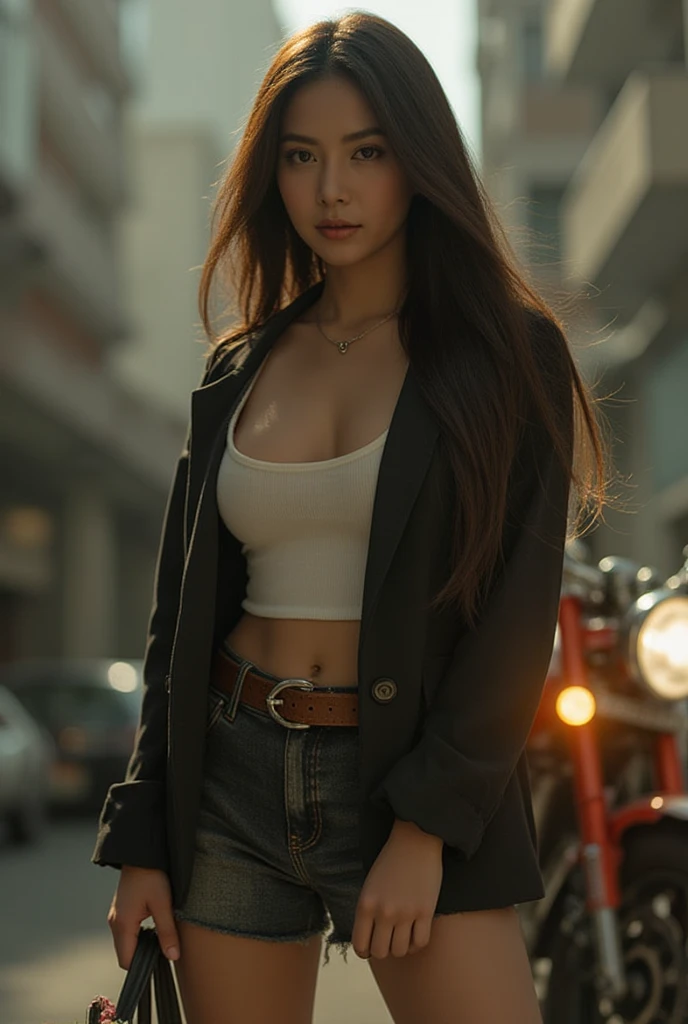 a beautiful woman with a plump body, wearing a white crop top and denim shorts, opened black leather jacket, standing on a city street with neon lamps, detailed facial features, highly realistic, photorealistic, 8k, masterpiece, cinematic lighting, vivid colors, urban environment, glowing neon lights, serene expression, intricate details