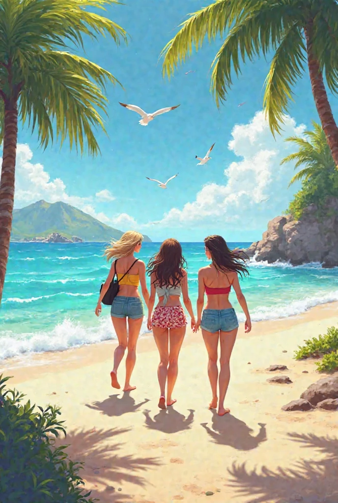Several naked girls with a background of a tropical place