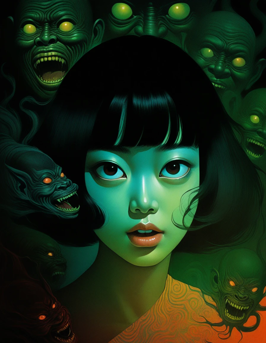 An illustration、art、80s Thai horror movie poster, Supervised by Junji Ito、Attention to detail, Realistic Shadows、Analog Style, chromatic aberration, Surrealism、Complementary Gradient