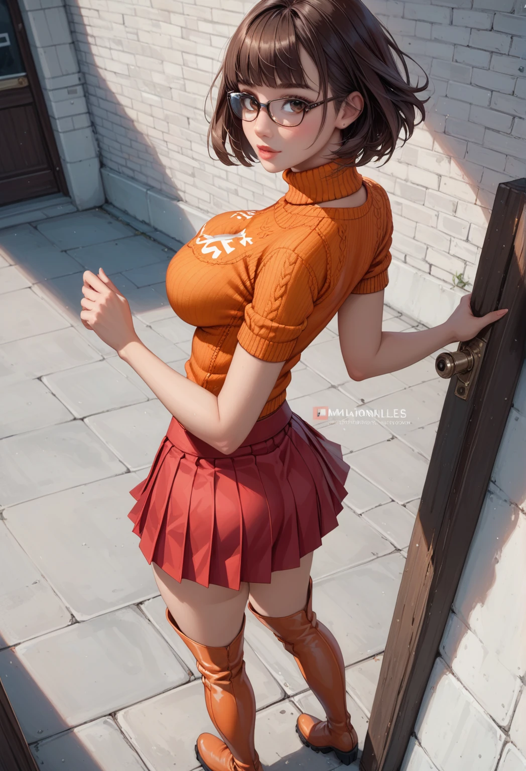 ((masterpiece, best quality, ultra-detailed, ultra-HD, photorealistic, cinematic)), (close-up camera shot, from below:1.2), (twerking, sensual pose), (alluring and voluptuous female as Velma Dinkley:1.2), perfect anatomy, perfect face, proportioned hands, (deep shade of auburn with a slight natural wave hair color, chin-length bob with blunt bangs hairstyle:1.3), (retro-chic style outfit, knee-length and maroon turtleneck dress), (a matching maroon belt that cinches at her waist:1.2), (thick-framed black square glasses), (wears knee-high, mustard-yellow socks that peek out just above her brown, sensible lace-up shoes), (sports a delicate, gold pendant necklace with a small magnifying glass charm), (vibrant orange cardigan slung over her shoulders), ((dynamic background))