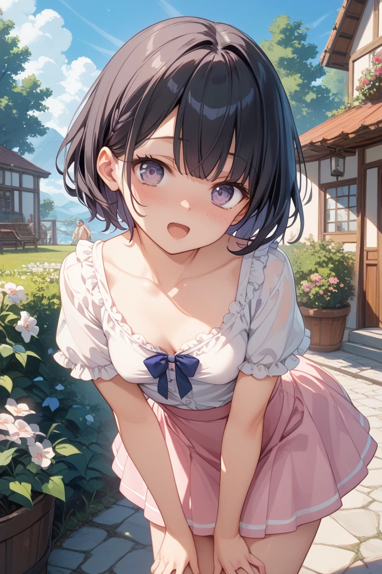 1 girl, solo, White Polo Shirt, White mini skirt, masterpiece, best quality, Super detailed, (Sweating:1.4), absurd, looking at the audience, short black hair, brown eyes,(Thick thighs:1.0),Sky,Tree,Awa Onsen,bath,bikini,rain,white,Charming smile,Underboob exposed,Flower headdress,Waving,love letter,Blushed,Squat down,Fold your hands on your knees,Lower chest exposed