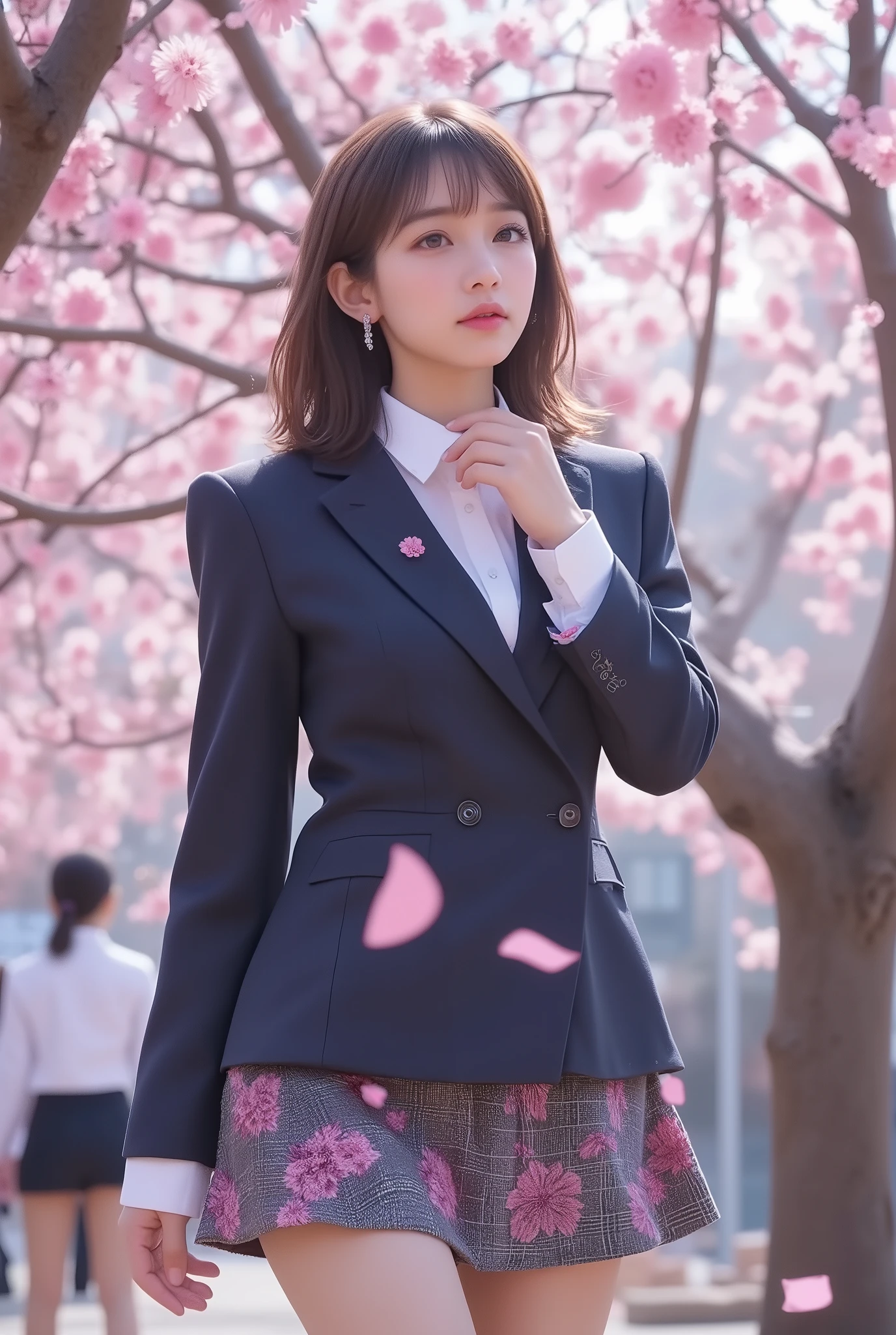 (Top Quality、masterpiece、winning work、16k), 、A cute busty girl、school uniforms、blazers、white shirt、in a tartan check skirt、knee-high socks、 leather loafers、((big breasts:1.2), (Big Breasts:1.2), (raised and crisp bust:1.2), (lifts the chest:1.2), (Perky breasts :1.2), (Deep cleavage :1.4), ( double breasted,Underbust:1.2), button gap wit, walks under a row of cherry blossom trees、Graduation Ceremony、Celebration 、Sakura Fubuki