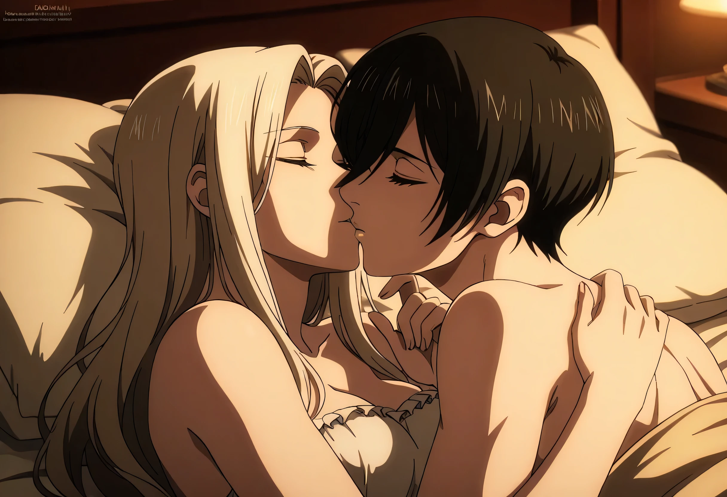 (Breathtaking quality)
Luxurious scene, delicate details, (erotic ambiance), adult couple entwined on a velvet sofa, seductive embrace, (shimmering fairy lights), low lighting casting shadows, (sexy bikini), sheer materials, (intricate patterns), bodacious curves, (passionate kiss), lip lock steamy, steam rising, (immaculate bodies), (impeccable skin), (deep desire), (sensual intensity), (artistic expression), (masterpiece) by renowned artist, (Japanese style), (realistic anime).