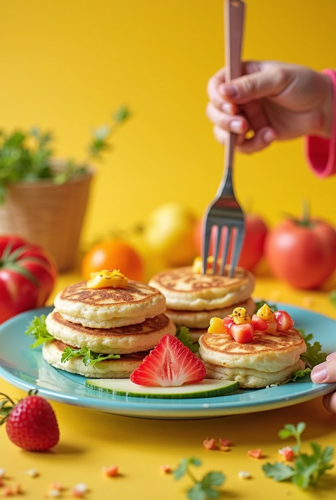 girl CHILD 10 years old, Russian blonde in braids, There are four pieces of pancaque on a plate with a bowl of broccoli, calzone zone, Mini, Como, Estilo Calude Monet, receita, #Micro, # Micro, misturar, alternate angle, Miami, medium tone, Hunting