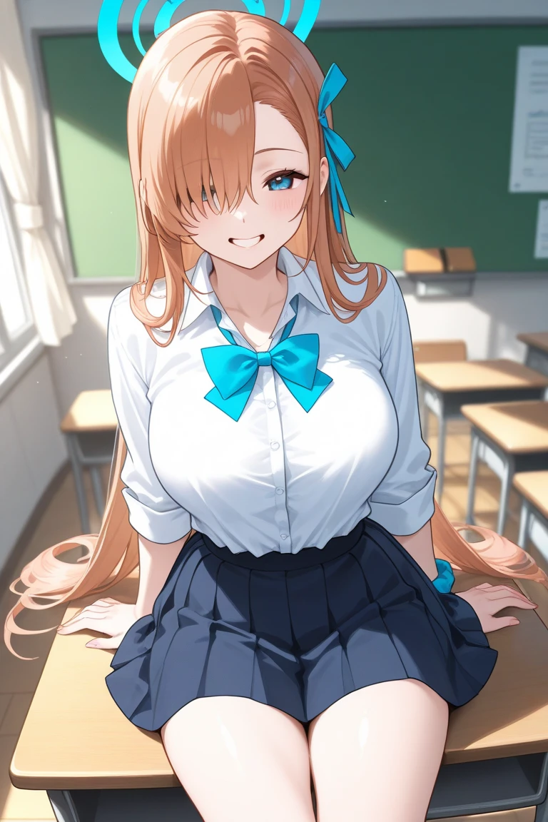 masterpiece, best quality, highres, BREAK,
<lora:Sagara-Emi:0.7>, sagaraemi, orange hair, two side up, hair bow, long hair, blue eyes, breasts, 
white shirt, blue bowtie, blue skirt, plaid skirt, school uniform
,full body,