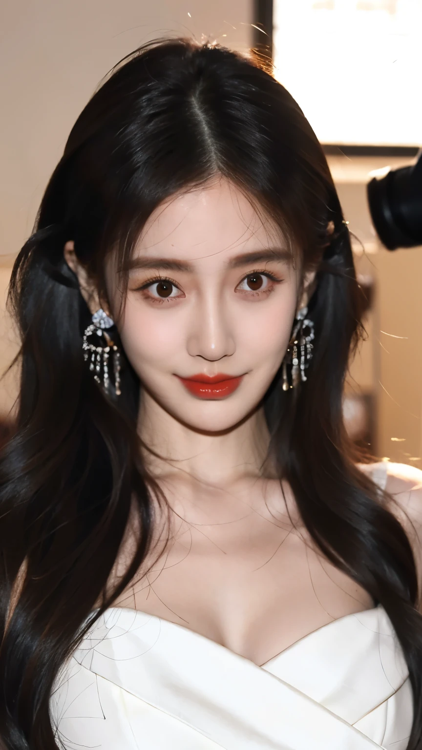 Ultra HD resolution，artistic photos，21year girl,earrings,long hair,Cold white skin，E cup， messy hair ， messy hair ，Ruddy face，dress less 