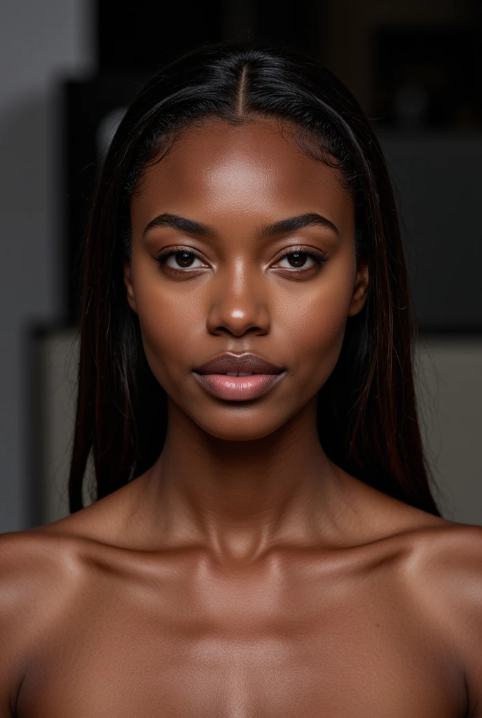 Selfie,black togolese girl,two fingers on the chin,real image,not perfect image quality,c-cup round breasts,thin jawline (just not inwards)