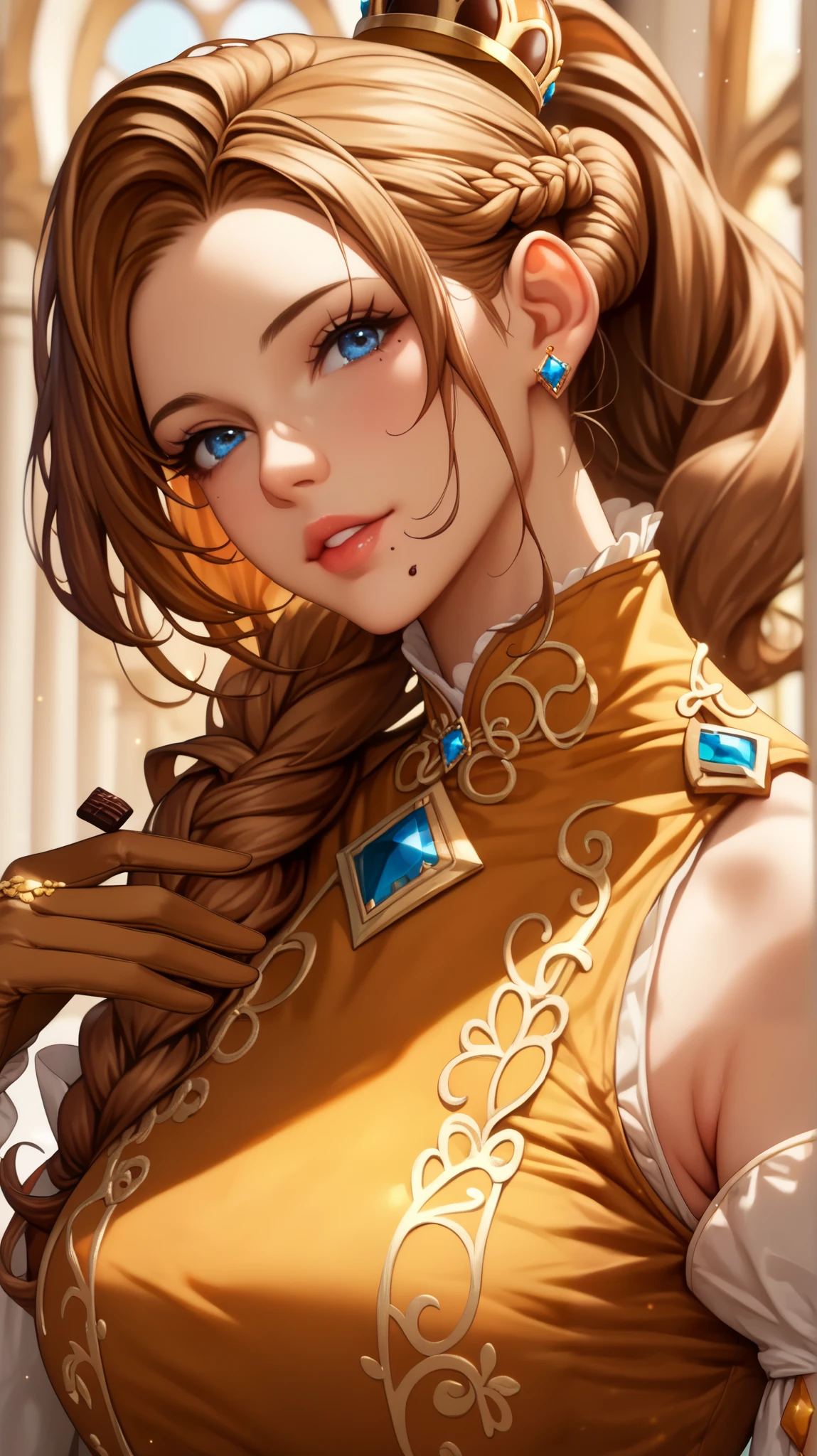 mira, orange hair, blue eyes, mole under mouth, long hair, ponytail, braid, 1woman,   (multi-tiered dress with layers resembling chocolate drips:1.2),
(caramel-colored satin gloves:1.1),
(high-waisted bodice with caramel swirl patterns:1.3),
(brown lace-up boots with gold accents:1.1),
(chocolate-shaped clutch with gold foil details:1.1),
(chocolate crown:1.2)
