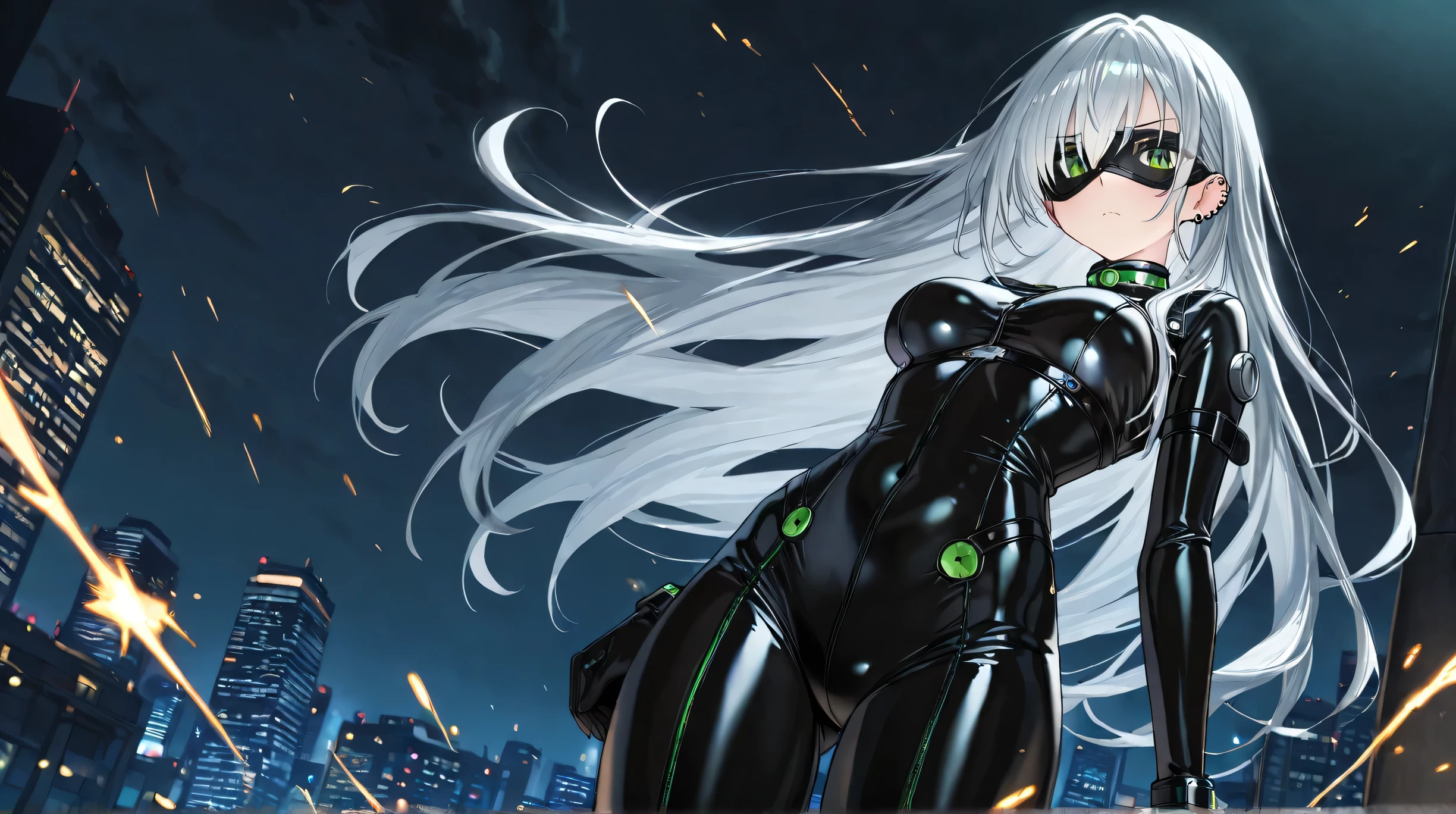 Masterpiece, Best Quality, Top Quality, Very Detailed, 1 girl, Beautiful anime girl with long silver hair, piercing green eyes, wearing tight glossy black catsuit, black mask over eyes, standing in dark cityscape at night, strands of hair flowing dramatically, sharp detailed lighting, sparks flying around, intense and confident expression, dynamic composition