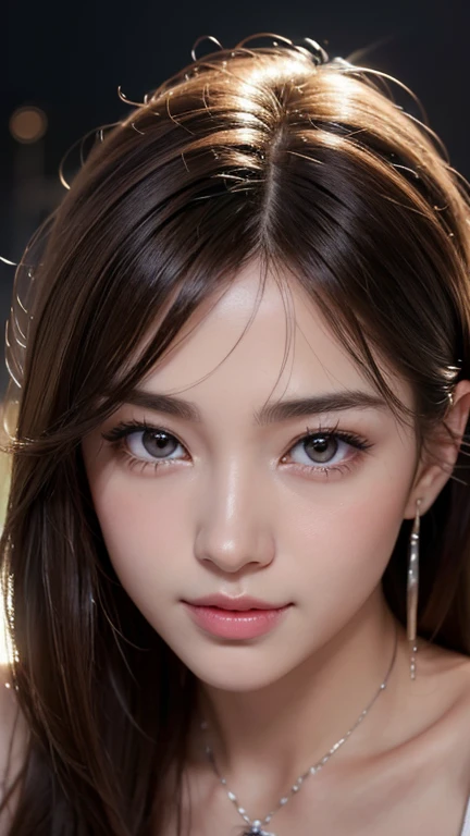 (surreal), (shape), (Improved resolution), (8k), (very detailed), (Best shape), (blue eyes)、(beautiful and detailed eyes), (highest quality), (Super detailed), (masterpiece ), ( wallpaper), (detailed face), (plump lower lip)、alone, 1 girl, looking at the viewer, small details, detailed face, in the dark, deep shadow, secret key, Pure erotic face ace_v1, smile, long hair, black shawl straight hair , 46 point diagonal bangs、(big breasts:1.3)、(naked、long hairで胸を隠す:1.5)、(pink lips:1.4)