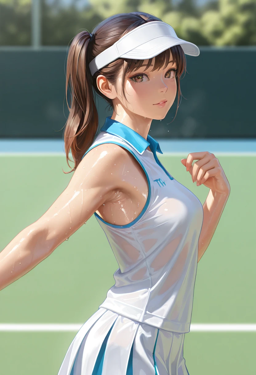 Highest quality,Highest Resolution,Beautiful girl playing tennis,Brown hair ponytail,sweat profusely,Crying face,Tennis court,sunny,See-through underwear,Very beautiful eyes,サーブを打つ,サンバイザー,