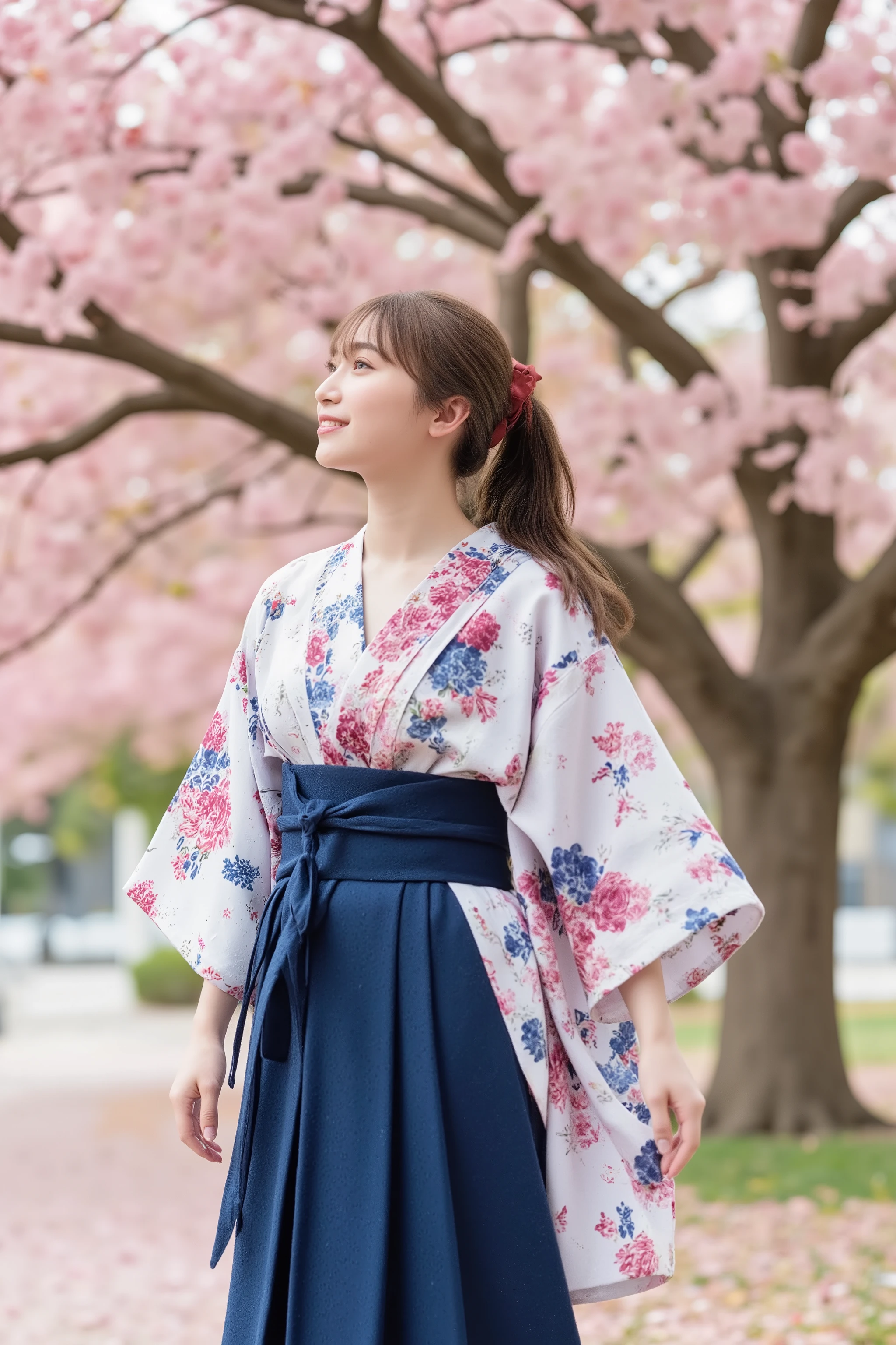 The high resolution photograph of a young Japanese female idol, intricate details, extremely detailed, sharp focus, natural soft lighting, solo, 1girl, (floral print kimono, indigo blue long hakama, black short boots), standing, facing up, looking up at the air, (from below:1.4), pale skin, smiling, detailed face, detailed eyes, natural make-up, ponytail glossy brown hair, red hair ribbon barrette, outdoors, (large public park, surrounded by cherry blossom trees), (cherry blossom brizard, petals falling:1.4),