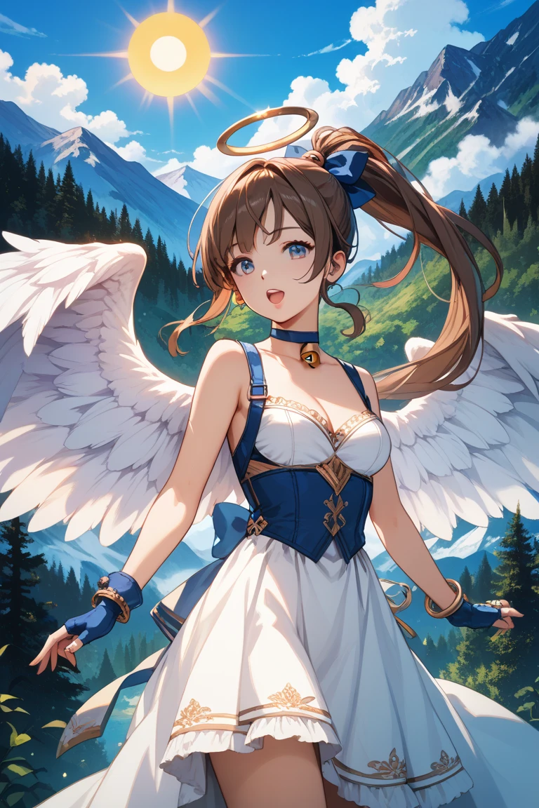 (Masterpiece), best quality, high resolution, Bell Dandy, long hair, blue eyes, brown hair, facial mark, Forehead marker, glove, wings, Neck throttle, bracelet, rings, body hair, angel wings, View from the side:0.6, (Forrest:1.1), stand, 20 age, Happy new years, rocket, nighttime