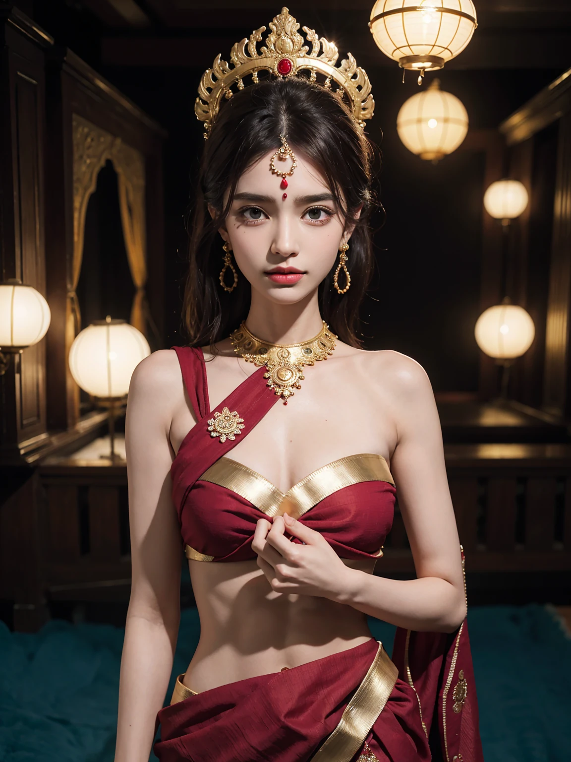 girl wearing saree, BREAK, 1girl, standing, saree, (13yo, cute:1.2), (breasts:1.2),navel, detailed face, looking at viewer, gentle expression, hair updo, low waist saree, exquisite jewelry, striking beauty, sensual, (indian:0.6), vibrant red saree, elegantly draped, detailed rich and intricate pattern, subtle shimmer,