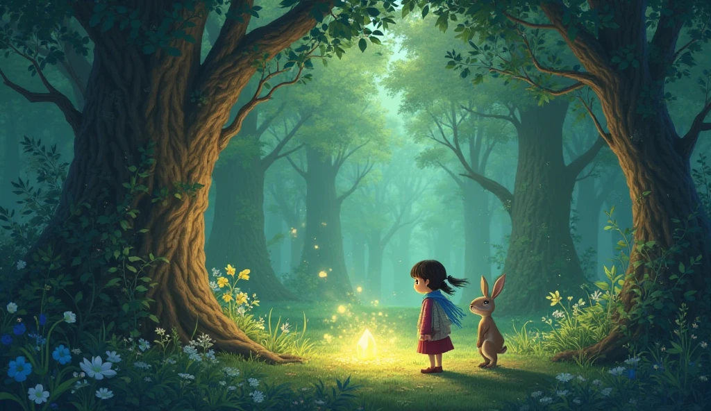A girl walks through a glowing forest filled with large trees that glow with their own light. The leaves are bright green and thousands of butterflies sparkle around her. In the forest, a small rabbit with silver fur runs after the stars.