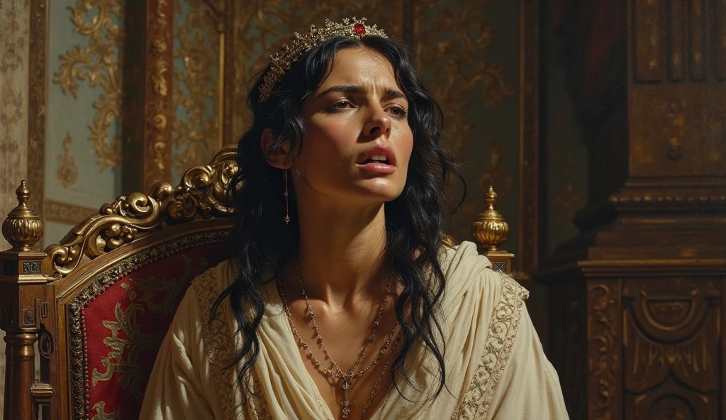 hyperrealism, (photorealistic:1.2), (film grain:1.3), masterpiece, best quality, perfect detail, cinematic lighting, professional photo, realistic photo, raw photo, medieval style, gorgeous middle-aged medieval queen, very thin, large breasts, medieval dress, shoulders open, neckline, crown on head, sitting on a throne, looking at viewers, old photo, gloomy atmosphere,