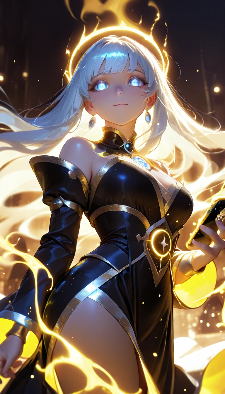 super high image, super detail, super high resolution, portrait, beautiful and stylish light blonde hair woman, wearing a mask, black leather long coat no shirt, black leather slim pants, black engineer boots, grim reaper's scythe, holofilm, translucent, iridescent, background fantasy, galaxy, magic circle, kaleidoscope, give off rainbow and gold neon light many lines radially from floor and ceiling, professional lighting