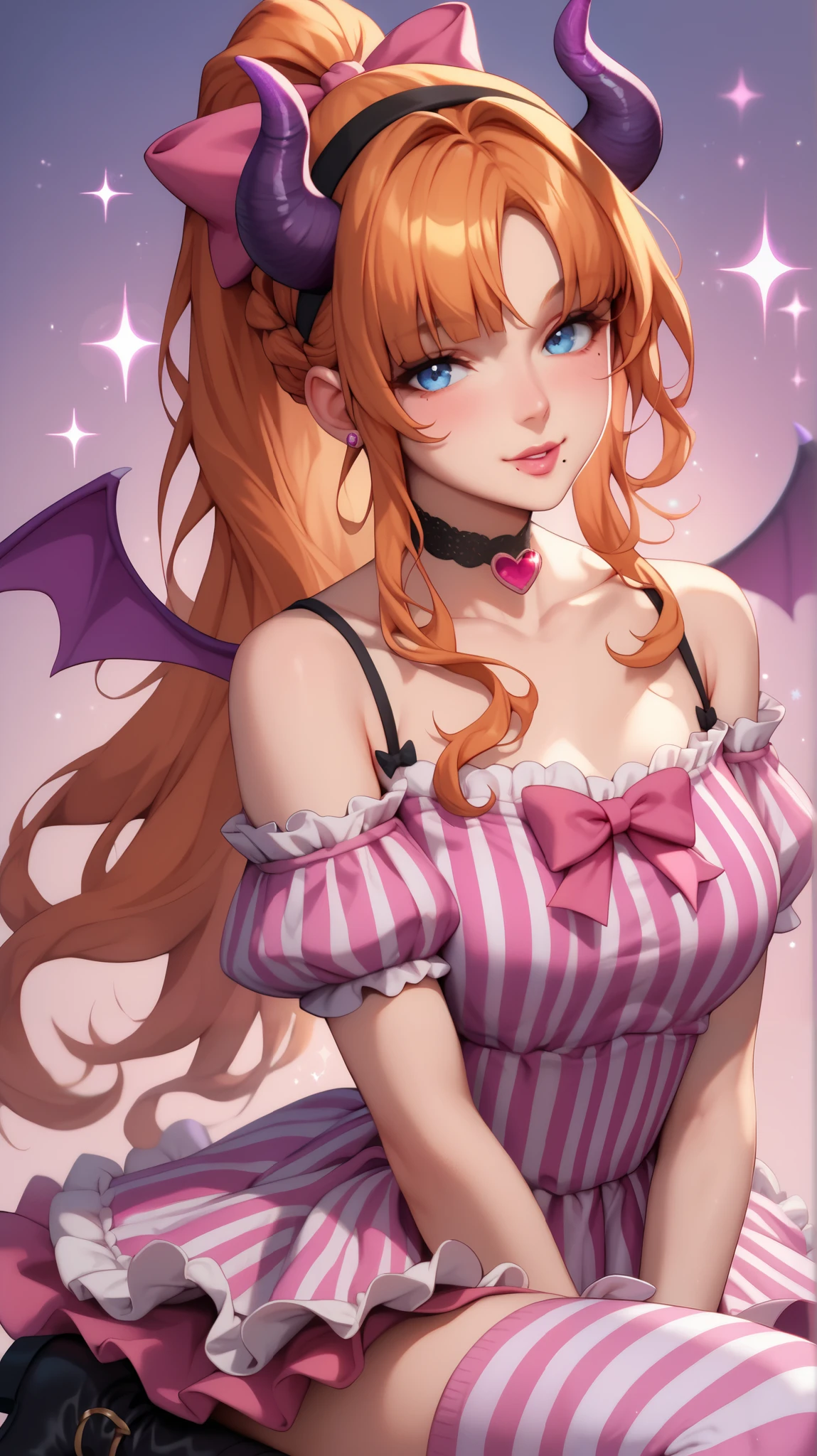 mira, orange hair, blue eyes, mole under mouth, long hair, ponytail, braid, 1woman, (tiered tulle dress in deep purple with pink ribbon accents:1.3),
(black velvet choker with heart-shaped charm:1.1),
(pink and purple striped stockings:1.2,)
(short black boots with tiny bat wings attached),
(mini devil wings on the back, glittering with pink sparkles:1.2),
(black headband with purple horns and pink bow:1.1)