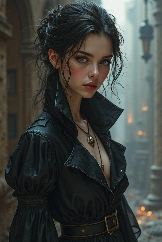 A Beautiful 25 years old woman. Dark brown hair, pixie haircut. blue eyes. slightly daring outfit. goth tomboy. well dressed Pirate captain. maidenly charm. Dark sci-fi. Warhammer 40k. Dieselpunk. oil painting.