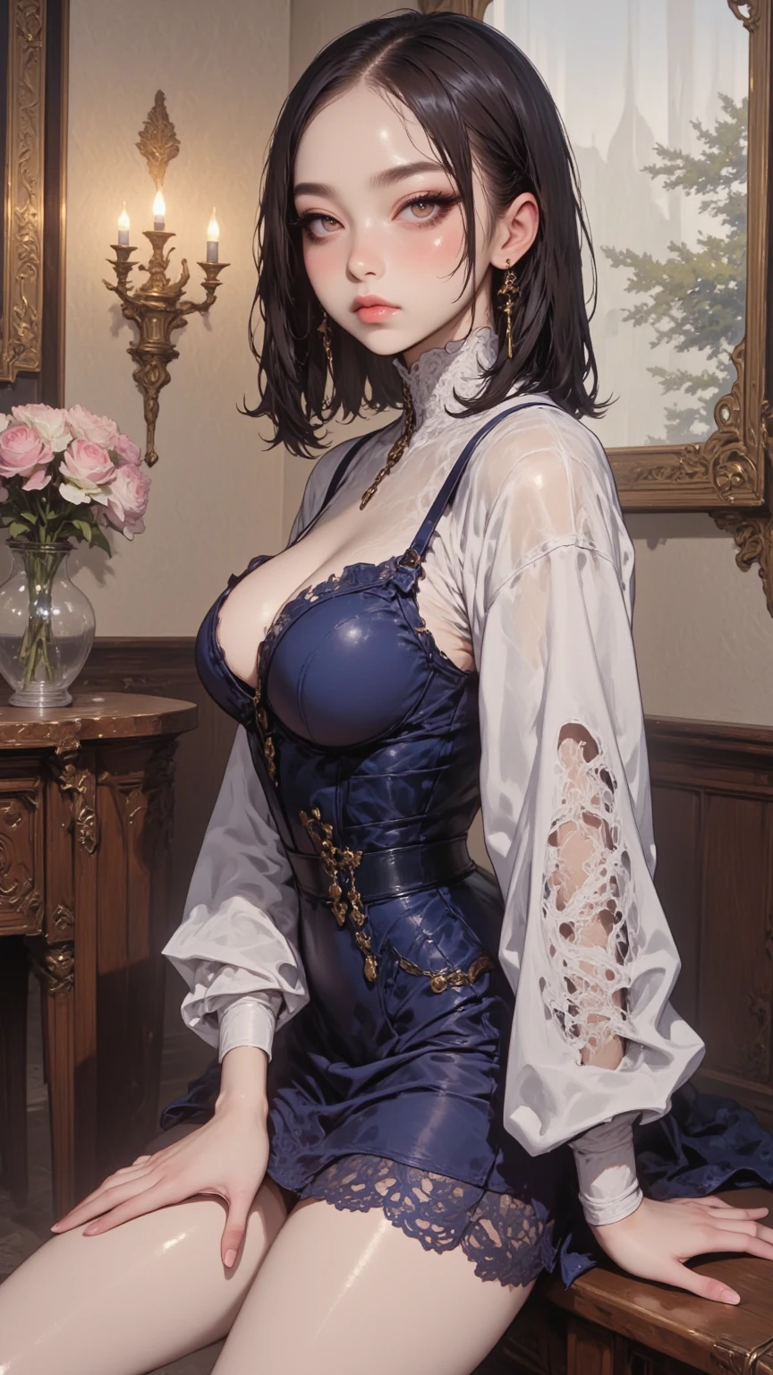 (vivid colors,ultra-detailed),(best quality,realistic:1.37)chun li as a Victorian goth girl in a dark Victorian era backdrop, full body, reimagined