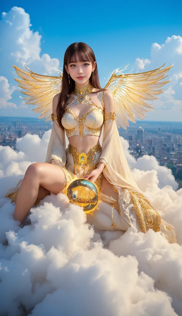 (masterpiece:1.2),1girl,pale_skin,realistic skin,chinese,
A fierce goddess clad in golden armor,wing,wielding a thunderbolt on the mountaintop of gods,
medium breast,cleavage,vibrant colors,
black hair,
outdoors,