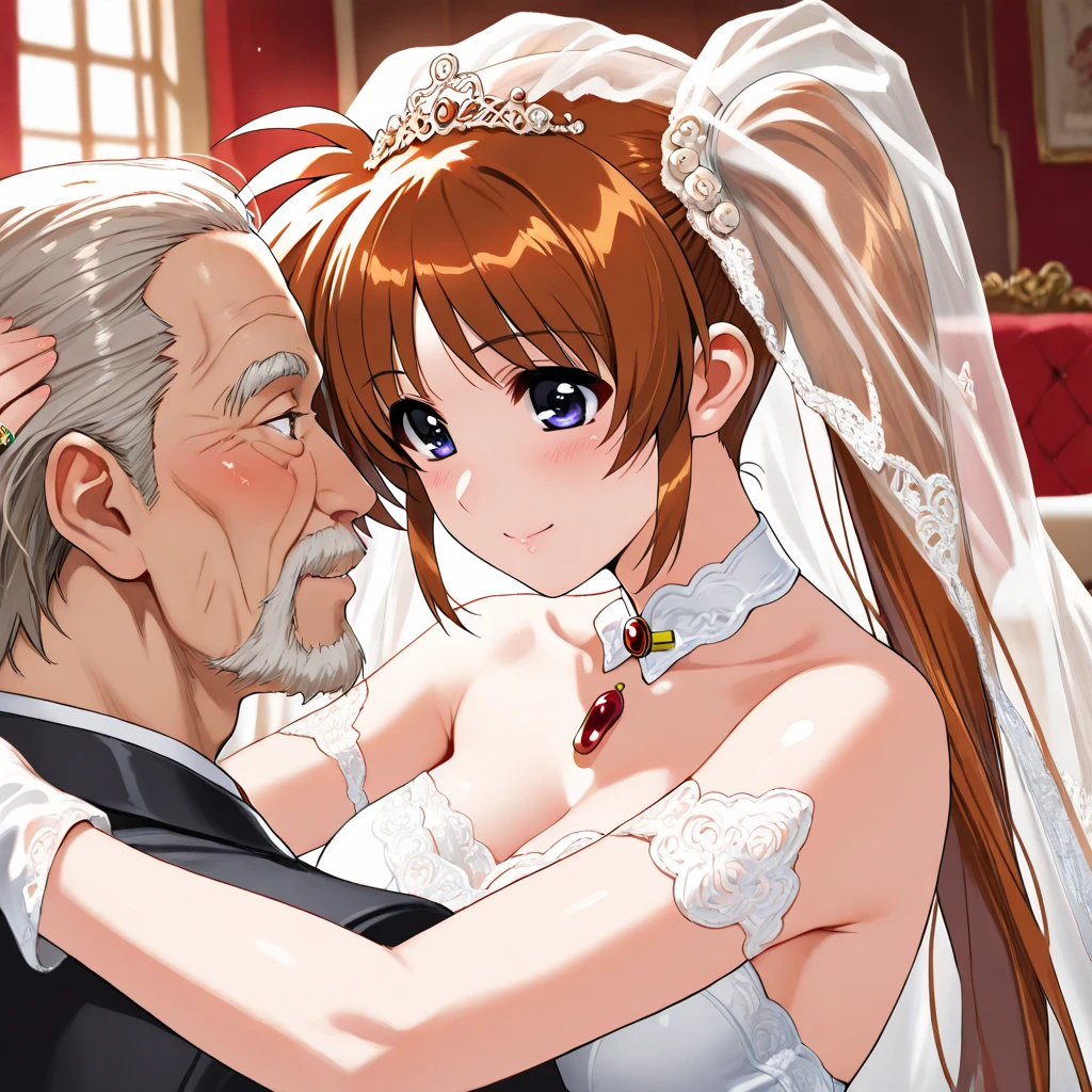 ((Highest quality)), ((masterpiece)), (detailed), （Perfect Face）、The woman was Princess Leona, with long light brown hair and a gorgeous, glittering wedding dress and wedding veil.、On a luxurious, large bed, a woman is pushed down onto the bed by a naked old man and has sex with him.、The woman has long hair
