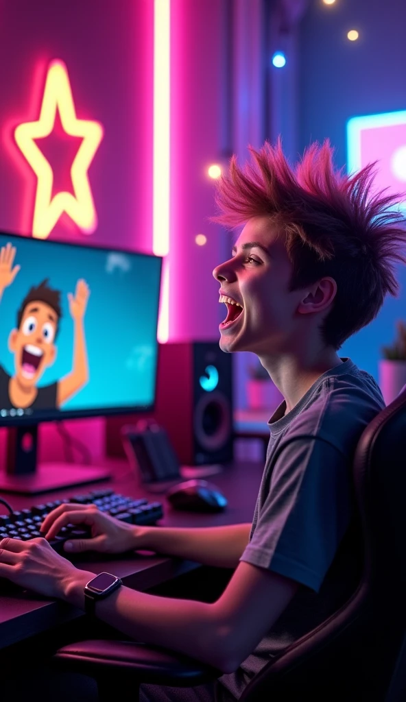 A YouTuber boy making videos For his channel in a gaming room with some yt play button in background and talk something 
