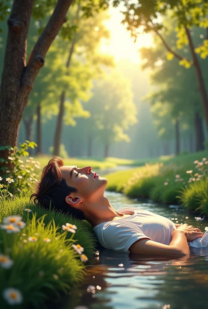 "A serene and poetic cinematic scene, Where a man or a woman lies in a vast field of green pastures under the soft light of the setting sun. The grass is vibrant, Gently swaying in the breeze. Ao fundo, A crystal-clear stream flows peacefully, reflecting the blue sky and white clouds. The expression on the character's face is one of peace and contemplation, While colorful wildflowers frame the scene. The atmosphere is tranquil, Evoking a sense of safety and connection with God and nature."