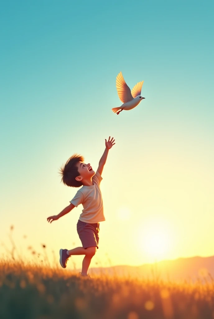 white background,cute llitle boy stand on grass,little bird flying,rais his hands to the liitle bird,little bird flying