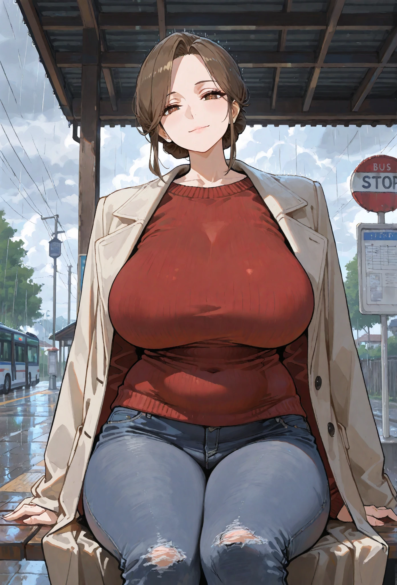 1woman,solo,milf,mature_female,medium-long_hair,dark-brown_hair,asymmetrical_bangs,dark-brown-eyes,thic_eyebrows,plump,large_breasts,black_camisole,white_lale_cardigan,light-blue_mini_pencil_skirt,black_pantyhose,black_pumps,street,upper_body,face_focus,smile:0.4,blush:0.2,side_view,
