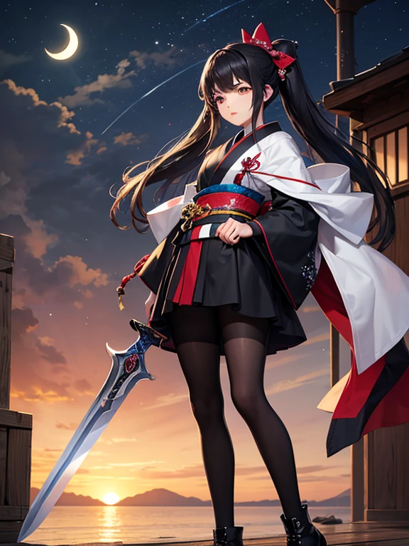 A black-haired woman wearing a shrine maiden outfit with slits in the legs　　Revolver 1.5　Thigh-high boots