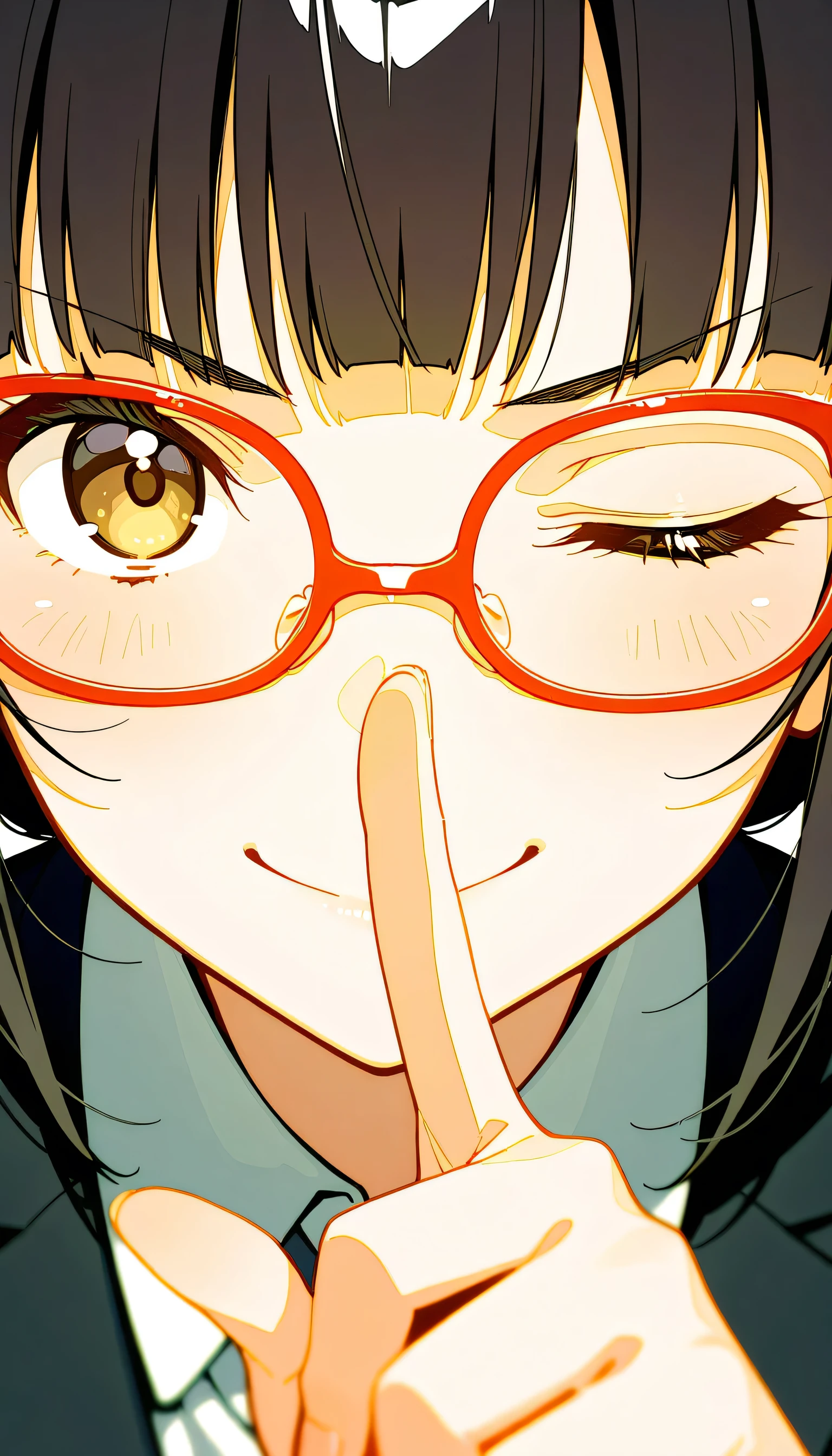 (masterpiece, Best Quality), Super Detail,
BREAK
Sexy,
face close-up,  put up your index finger「Shhhh」gesture of,
straight and long dark hair,  Blunt Bang, (( wearing a business suit )),

indoor,  stormed the classroom, Red Framed Glasses, smile, close one eye,