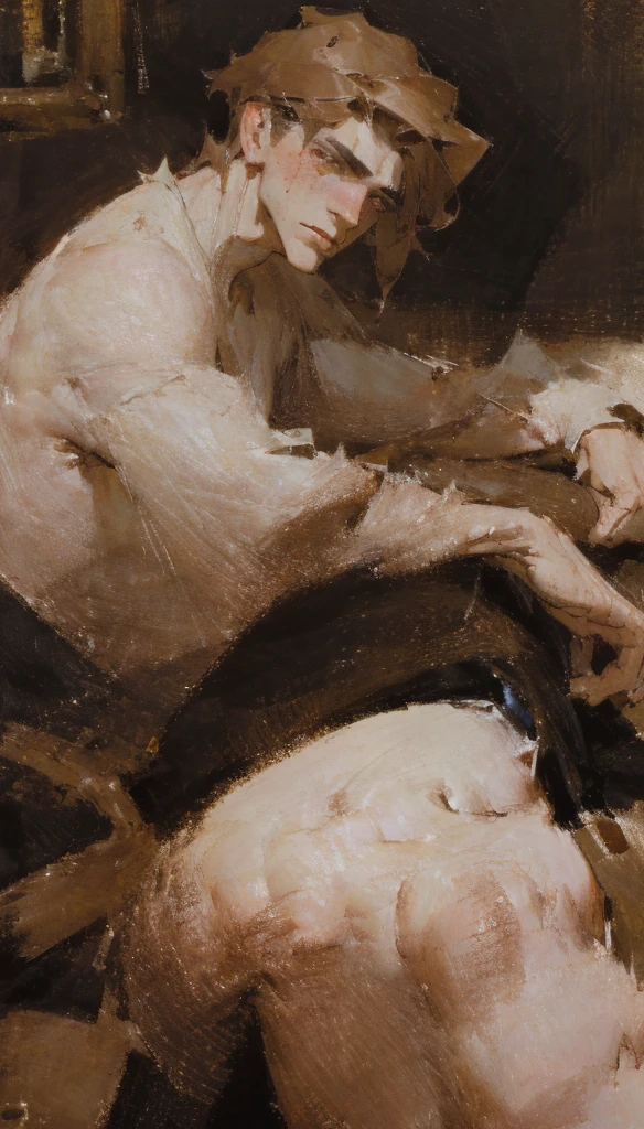 Naked woman crying on the floor, the wind moving the curtains, masterpiece, 16th century painting, baroque style, Renaissance painting, lights and colors in the style of Rembrandt, dark backgrounds, old painting effect, all the details, gore, blood

