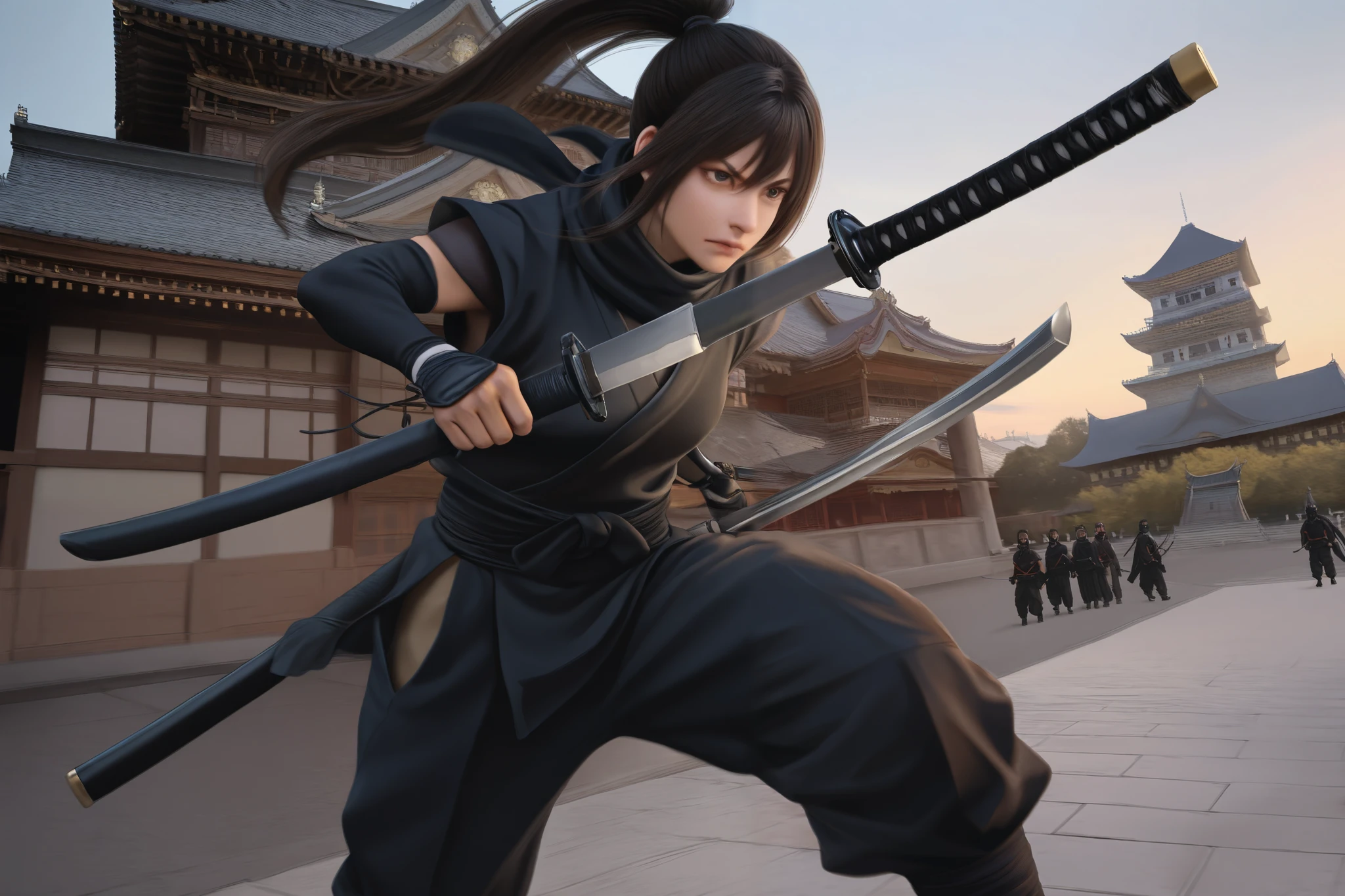high image quality,Osaka Castle Background,Photographer's Perspective,Ninja,Shinobi costume,Samurai Attitude,serious expression,has weapons,Shogunate Atmosphere,Traditional Japanese Architecture,HDR,UHD,realistic texture,emphasis on detail,sharp focus,professional tied to the chest with a rope,vivid colors