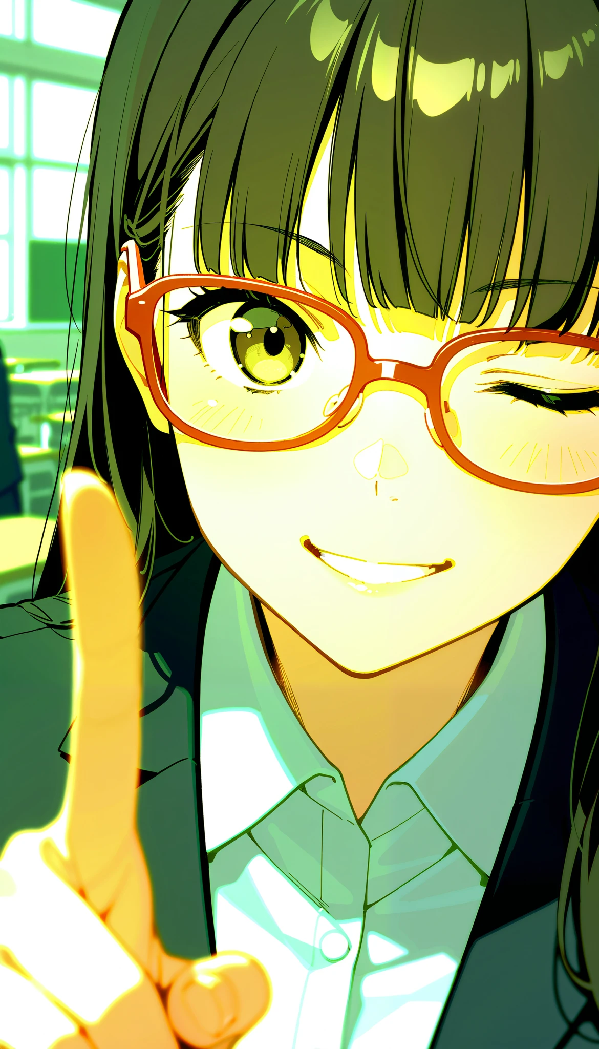 (masterpiece, Best Quality), Super Detail,
BREAK
Sexy,
face close-up, put up your index finger「Shhhh」gesture of,
straight and long dark hair, Blunt Bang, (( wearing a business suit )),
indoor, stormed the classroom, Red Framed Glasses, smile, close one eye,
