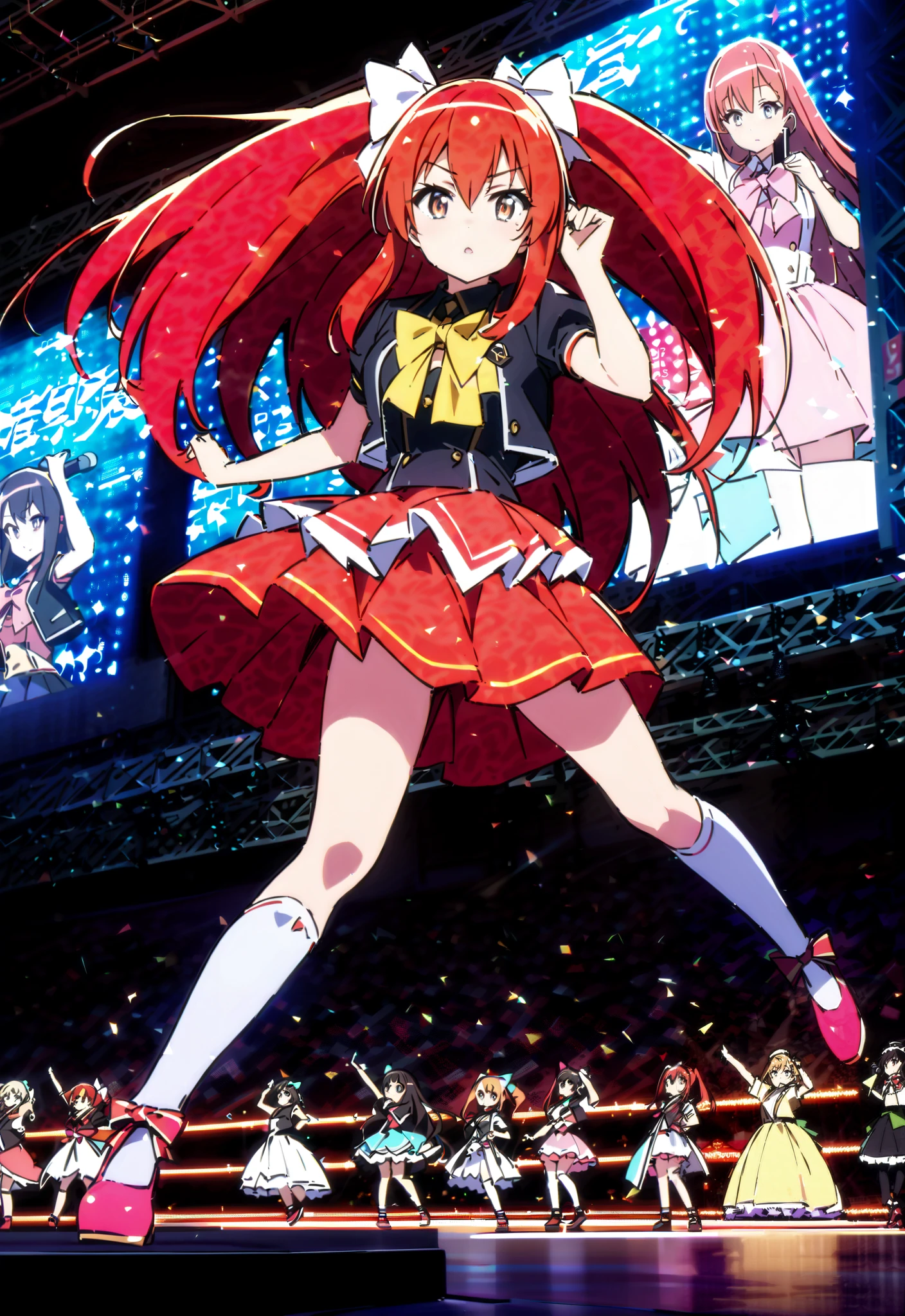 score_9, score_8_up, score_7_up, source_anime,shana , very long hair, red hair, Red Eyes, stupid hair, small ,idol costume, dress,collared dress,jacket,cropped jacket,Short sleeve,bowtie,bow,button, above Decorati has ,is standing,dancing,(white knee-high:1.2),shoes, illustrations of scenes where idol singers sing enthusiastically on a live stage ,アイドル歌手が ステージ中央にis standing, idol singers sing with microphones , idol singers are serious and impressive ,The singer's voice is strong and beautiful. , fans gather around the stage , fans sing and dance with idol singers Idol singers who do things ,The Big Picture, Various colored lights ,full bodyがイラストに入るように,break indoors, concert venue,
break looking at viewer,full body,
break (masterpiece:1.2),best quality , kampala,Unity 8k Wallpaper,(shape:0.8),( fine, beautiful eyes :1.6),It's a person ,full body写真,CG Details , (perfect hands,complete anatomy),