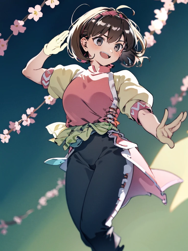 1girl, female, solo, young adult, medium hair length, soft wave, brown hair color, pink highlights in hair, deep brown eye color, happy expression, pink chinese clothes, yellow sleeves, cyan pants, pink headband, braid headband, outdoors, yellow maple leaves falling, blue sky, a dynamic pose, saluting, waving hand, hello, deatiled background, detailed eyes, masterpiece, high quality, 8k